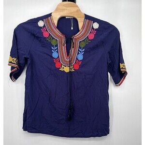 Nare Moda Blue Boho‎ Mexican Embroidered Blouse Tunic Peasant Top Sz M